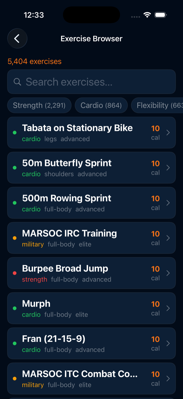 Exercise Browser screen — 5,404 exercises across strength, cardio, and flexibility