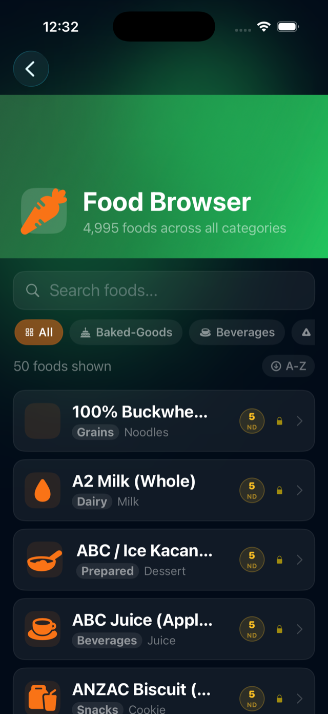 Food Browser screen — search 4,995 foods across all categories
