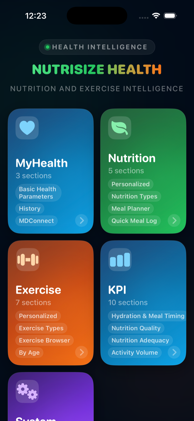 Nutrisize Health home screen with MyHealth, Nutrition, Exercise, and KPI sections